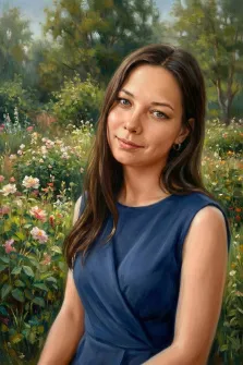 Женский портрет под масло. На портрете изображена молодая женщина с длинными каштановыми волосами, в тёмно-синем платье без рукавов; она слегка улыбается и смотрит в сторону, её образ наполнен спокойствием и лёгкой задумчивостью. Фон картины — живописный сад с пышной зеленью и цветущими розами, создающий атмосферу гармонии и умиротворения. Художник: Ирина