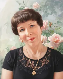 Женский портрет под масло. На портрете изображена женщина с короткой аккуратной причёской каштанового цвета, в чёрном платье с кружевной отделкой, с золотым ожерельем и серьгами; её лицо озарено мягкой улыбкой, взгляд спокоен и доброжелателен. На фоне — нежные розовые розы и зелёная листва, создающие романтичную и гармоничную атмосферу. Художник: Анастасия