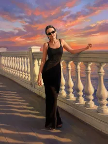 Женский портрет в стиле под масло. На портрете изображена женщина в элегантном чёрном платье и тёмных солнцезащитных очках, небрежно опирающаяся на балюстраду набережной. На фоне — завораживающий закат с яркими розово-оранжевыми облаками и спокойное море, создающие атмосферу утончённой роскоши и безмятежности. Художник: Ирина