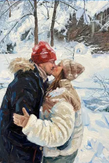 Парный портрет под масло. На портрете изображена влюблённая пара, целующаяся на фоне заснеженного леса: мужчина в тёмной куртке с меховым капюшоном и ярко-красной шапке, женщина — в светлой зимней куртке и бежевой вязаной шапке. Вокруг них — искрящийся снег, заснеженные деревья и сосульки, создающие атмосферу зимней романтики и уюта. Художник: Ирина