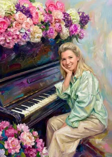 Женский портрет под масло. На портрете изображена улыбающаяся блондинка в светло-зелёной рубашке и бежевых брюках, сидящая у рояля и опирающаяся щекой на руку. Композицию украшают пышные букеты пионов и гортензий в нежных розовых, белых и фиолетовых оттенках, создающие атмосферу уюта и лёгкости. Художник: Ирина
