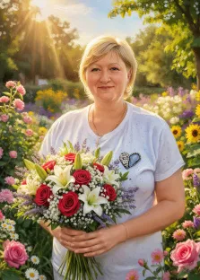 Женский портрет под масло. На портрете изображена улыбающаяся женщина с короткими светлыми волосами в белой футболке, украшенной брошью в виде сердца. Она держит в руках пышный букет из красных роз, белых лилий и гипсофилы, а позади неё раскинулся яркий цветочный сад, залитый солнечным светом. Художник: Анна 