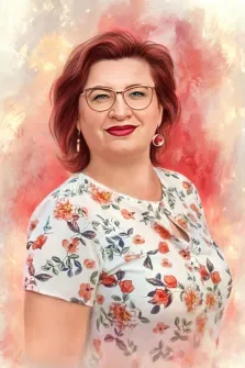 Женский портрет под масло. На портрете изображена женщина с рыжими волосами, в очках и с тёплой улыбкой — её образ подчёркнут крупными серьгами с красными вставками. Она одета в светлую блузку с цветочным принтом в оранжево-розовых тонах, а фон выполнен в мягких акварельных оттенках розового и кремового, создающих лёгкую и жизнерадостную атмосферу. Художник: Анастасия 