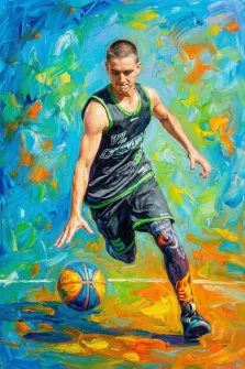 Мужской портрет под масло. На ярком живописном портрете изображён баскетболист в чёрной форме с зелёной отделкой и надписью «VL CTEPINA», находящийся в динамичном движении — он наклонился вперёд, сосредоточенно глядя на мяч. Фон выполнен экспрессивными мазками в насыщенных оттенках синего, зелёного и оранжевого, что подчёркивает энергию и динамику сцены. Художник: Ирина