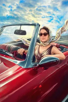 Женский портрет под масло. На портрете изображена женщина в элегантном светлом наряде и платке с узором, развевающимся на ветру — она уверенно ведёт красный кабриолет, не снимая тёмных солнцезащитных очков. Фон с ярким небом и облаками подчёркивает ощущение свободы и лёгкости, а поза героини передаёт уверенность и наслаждение моментом. Художник: Ирина