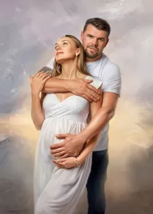 Парный портрет под масло. На портрете изображена беременная женщина в белом платье, нежно обнимающая свой живот, рядом с ней — мужчина в белой футболке и тёмных брюках, обнявший её за плечи. Их позы и выражения лиц передают тепло, любовь и трепетное ожидание предстоящего события, а мягкий, размытый фон в пастельных тонах подчёркивает атмосферу нежности и гармонии. Художник: Анна 