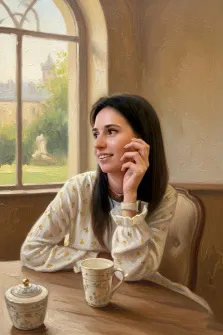 Женский портрет под масло. На портрете изображена молодая женщина с длинными тёмными волосами, сидящая за деревянным столом у окна. Она одета в лёгкую светлую блузку с мелким жёлтым узором, задумчиво улыбается и опирается щекой на руку, перед ней — фарфоровая чашка и сахарница с крышкой, а за окном виднеется зелёный сад с фонтаном и архитектурными постройками. Художник: Ирина