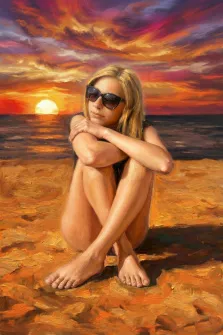 Женский портрет под масло. На портрете изображена молодая женщина с длинными светлыми волосами, в тёмных солнцезащитных очках, сидящая на песчаном берегу моря со скрещёнными ногами и руками, обнявшими колени; её поза расслаблена, а взгляд задумчив. Фон картины — завораживающий закат с яркими оттенками оранжевого, пурпурного и жёлтого, отражающимися в спокойной глади моря и подчёркивающими атмосферу умиротворения и лёгкой мечтательности. Художник: Ирина