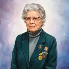 Женский портрет под масло. На портрете изображена пожилая женщина с седыми волосами, в очках, одетая в тёмно-зелёный пиджак поверх серой водолазки; на груди у неё закреплены несколько медалей и орденов. Её взгляд спокоен и собран, а фон выполнен в мягких пастельных тонах, подчёркивающих достоинство и благородство образа. Художник: Анна 