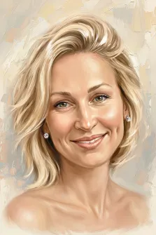 Женский портрет под масло. На портрете изображена улыбающаяся блондинка с мягкими волнами волос, украшенная изящными серьгами с камнями; её взгляд открыт и доброжелателен. Фон выполнен в светлых, размытых мазках, создающих лёгкую, воздушную атмосферу вокруг образа. Художник: Анастасия 