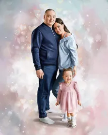 Семейный портрет под масло. На портрете изображена семья из трёх человек: мужчина в тёмно-синем спортивном костюме, женщина в светло-голубом свитере, нежно обнимающая мужчину, и маленькая девочка в розовом платье с ожерельем, стоящая перед ними. Фон выполнен в нежных пастельных тонах с россыпью светящихся сердечек, создающих атмосферу тепла и семейного уюта. Художник: Анастасия