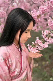 Женский портрет под масло. На портрете изображена молодая девушка с длинными чёрными волосами, одетая в нежно-розовое кимоно с цветочным орнаментом. Она бережно держит в руке ветку цветущей сакуры, её взгляд опущен, а выражение лица передаёт спокойствие и умиротворение на фоне пышного цветения розовых деревьев. Художник: Анастасия 