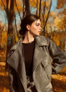 Женский портрет под масло. На портрете изображена молодая женщина в сером пальто поверх тёмного топа, её тёмные волосы аккуратно собраны в пучок. Она стоит на фоне осеннего леса с золотисто-оранжевой листвой, взгляд устремлён в сторону, поза спокойная и уверенная. Художник: Артём