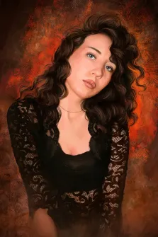 Женский портрет под масло. На портрете изображена молодая женщина с пышными волнистыми каштановыми волосами и выразительными голубыми глазами; она одета в чёрный кружевной топ и слегка наклонила голову, придавая позе задумчивость. Фон выполнен в насыщенных красно-коричневых тонах с текстурированным эффектом, подчёркивающим глубину и эмоциональность образа. Художник: Анастасия 