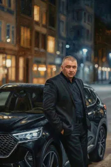 Мужской портрет под масло. На портрете изображён мужчина в чёрном костюме, стоящий в уверенной позе рядом с элегантным чёрным кроссовером; его взгляд серьёзен и сосредоточен, руки небрежно спрятаны в карманах. Фон составляют ночные городские улицы с тёплым светом фонарей и освещёнными окнами зданий, создающими атмосферу урбанистической загадочности. Художник: Ирина