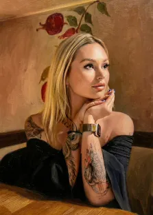 Женский портрет под масло. На портрете изображена молодая женщина с длинными светлыми волосами, одетая в чёрное платье с открытыми плечами. Она задумчиво опирается подбородком на руки, украшенные яркими татуировками; на запястье видны смарт-часы, а на фоне — роспись с изображением гранатов и зелёных листьев. Художник: Ирина