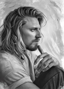 Мужской портрет под масло. На портрете изображён мужчина с длинными волнистыми волосами и аккуратной бородой, одетый в свободную рубашку; он задумчиво смотрит в сторону, подперев подбородок рукой с зажатой между пальцами сигарой. Монохромная гамма и мягкие мазки фона подчёркивают созерцательное, немного меланхоличное настроение образа. Художник: Анна 