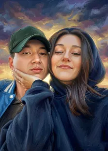 Парный портрет под масло. На портрете изображены молодой мужчина в зелёной кепке и синей куртке и девушка в тёмном худи; они стоят близко друг к другу, девушка нежно поддерживает подбородок парня рукой. Фон выполнен в тёплых оттенках закатного неба с выразительными облаками, создающими романтичную атмосферу. Художник: Ирина
