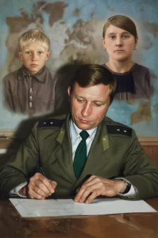 Семейный портрет под масло. На портрете изображён мужчина в военной форме с погонами, украшенными звёздами, — он сидит за столом, склонив голову, и сосредоточенно подписывает документ. На заднем плане полупрозрачно видны образы мальчика в простой рубашке и девушки с серьгами, на фоне карты мира. Художник: Александра 