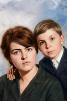 Семейный портрет под масло. На портрете изображены женщина с короткими каштановыми волосами в тёмной одежде и мальчик в строгом тёмном костюме с белой рубашкой; мальчик обнимает женщину за плечо, оба смотрят прямо перед собой с серьёзными, немного задумчивыми выражениями лиц. Фон выполнен в мягких голубых и белых тонах, создавая спокойную, немного меланхоличную атмосферу. Художник: Ирина
