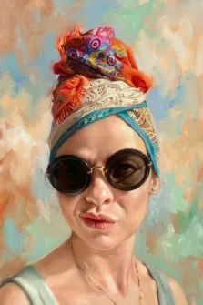 Женский портрет под масло. На портрете изображена женщина в крупных круглых солнцезащитных очках, с ярким многоцветным платком, обёрнутым вокруг головы. Её лицо выражает спокойствие, а фон выполнен в мягких пастельных тонах, создающих лёгкую и воздушную атмосферу. Художник: Ирина