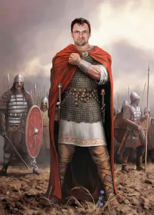 Мужской портрет в образе. Алиса
На портрете изображён воин в кольчуге и красном плаще, с мечом у пояса, стоящий в уверенной позе на фоне дружины — позади него видны вооружённые ратники в шлемах и с щитами. Атмосфера картины передаёт дух древнерусских времён, а облачное небо и земляная местность подчёркивают суровость и готовность к битве. Художник: Валерия 