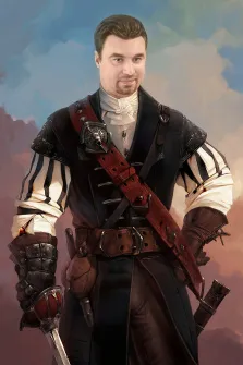 Мужской портрет в образе. На портрете изображён мужчина в наряде, напоминающем экипировку средневекового наёмника или мушкетёра: тёмный кожаный жилет с декоративными элементами, полосатые рукава, кожаные перчатки, меч в руке и широкий ремень с металлической пряжкой. Его поза уверенная, взгляд прямой и спокойный, а на фоне виднеется небо с мягкими облаками, придающее образу драматичности. Художник: Антонина