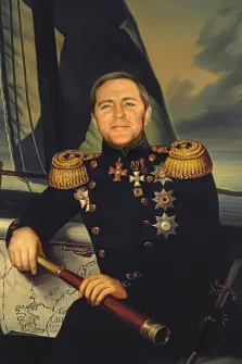 Мужской портрет в образе. На портрете изображён мужчина в парадном адмиральском мундире с многочисленными орденами и эполетами, держащий в руке подзорную трубу и опирающийся на развёрнутую морскую карту. На фоне видны элементы корабельного такелажа и пасмурное море, подчёркивающие морскую тематику образа. Художник: Анастасия К