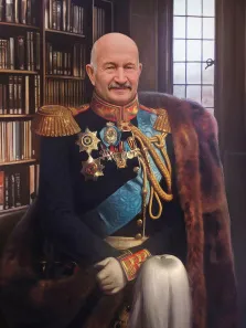 Мужской портрет в образе. На портрете изображён мужчина в парадном военном мундире с золотыми эполетами, украшенном многочисленными орденами и голубой лентой, поверх плеч накинут роскошный меховой плащ. Он сидит в уверенной позе на фоне книжных полок и окна, излучая достоинство и авторитет. Художник: Антонина