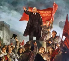 Под масло, художник Анастасия Портрет в образе, мужчина, стоящий на танке и обращающийся к толпе. Он одет в строгий костюм, а рядом с ним держат красный флаг с надписью «Коммунисты России». Художник Анастасия