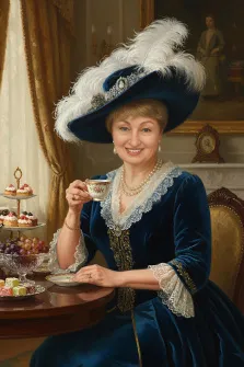 Женский портрет в образе. На картине изображена элегантная дама в роскошном тёмно-синем платье с кружевными манжетами и воротником, в большой шляпе с перьями, украшенной брошью. Она сидит за столом с угощениями — фруктами, пирожными и сладостями — и с улыбкой держит в руке фарфоровую чашку с чаем. Художник Анна