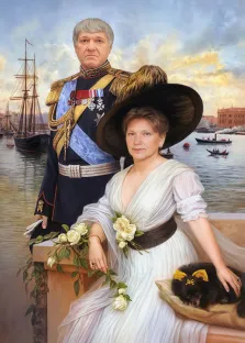 Парный портрет в образе. Мужчина в парадном военном мундире с орденами и голубой лентой стоит позади женщины в элегантном белом платье с пышными рукавами, большой чёрной шляпой и цветочной композицией на поясе. На коленях у женщины лежит небольшая чёрная собачка с жёлтым бантом, а на заднем плане видны корабли, набережная и городские здания на фоне закатного неба. Художник Антонина