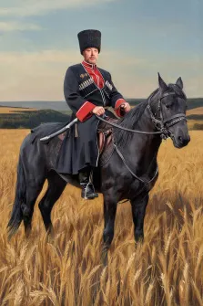 Мужской портрет в образе. На картине изображён казак в традиционной черкеске с красными отворотами и папахе, сидящий верхом на чёрном коне посреди золотого пшеничного поля. Его поза спокойна и уверенна, а на фоне виднеются холмы и ясное небо, подчёркивающие простор и величие степного пейзажа. Художник Антонина