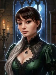 Женский портрет в образе. На картине изображена молодая женщина в элегантном зелёном платье с чёрным кружевом, украшенная кулоном с тёмным камнем. Она стоит на фоне готического окна, за которым видна полная луна и звёздное небо, а слева мерцают свечи на канделябре, создавая атмосферу таинственности и средневековой романтики. Художник Артём