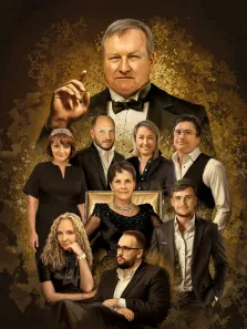 Семейный портрет в образе семьи дона Корлеоне. В центре композиции — крупная фигура мужчины в смокинге с поднятым пальцем, вокруг него расположены ещё восемь человек в элегантных нарядах, сидящих и стоящих в разных позах. Фон выполнен в золотисто-коричневых тонах с текстурированным эффектом, что придаёт работе торжественность и драматизм. Художник  Анастасия