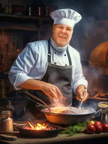 Мужской портрет в образе повара. На картине изображён улыбающийся шеф-повар в белой униформе и колпаке, который с увлечением готовит блюдо, аккуратно добавляя ингредиенты в большую сковороду. Вокруг него — свежие овощи, зелень и кухонные принадлежности, а тёплый свет и клубы пара создают атмосферу уютного кулинарного процесса. Художник Лариса