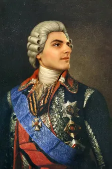 Мужской портрет в образе. На картине изображён мужчина в роскошном парадном мундире, украшенном многочисленными орденами и лентами, с выразительным белокурым париком. Его взгляд устремлён в сторону, лицо спокойно и уверенно, фон картины тёмный, подчёркивающий торжественность образа. Художник Анастасия 