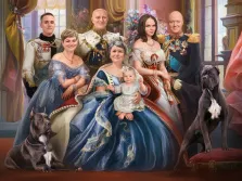 Семейный портрет в образе царской семьи XIX века: в центре сидит пожилая женщина в роскошном синем платье с младенцем на руках, вокруг неё расположились остальные члены семьи в парадных мундирах и нарядных платьях, а по бокам — две крупные собаки. Фон украшен дворцовыми элементами: тяжёлыми шторами, цветочными композициями и изысканной мебелью, создающими атмосферу величия и торжественности. Художник Антонина