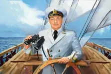 Мужской портрет в образе капитана. На картине изображён капитан в белоснежной форме и фуражке, стоящий у штурвала корабля: в одной руке он держит бинокль, другой опирается на штурвал. На фоне видны паруса, бескрайнее море и светлое небо с облаками, создающие ощущение морского простора и свободы. Художник Анастасия 