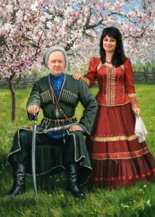 Парный портрет в образе казаков. На картине изображены мужчина в казачьей форме с шашкой в руке и женщина в ярком традиционном красном платье с золотой вышивкой; они позируют на фоне цветущих деревьев и зелёного луга. Атмосфера полотна передаёт спокойствие и торжественность, подчёркивая колорит казачьей культуры. Художник Анастасия