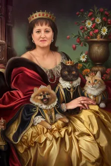 Женский портрет в образе. На картине изображена женщина в роскошном королевском наряде с короной на голове, сидящая на троне; рядом с ней — три домашних питомца (собака и два кота), одетых в изысканные «королевские» костюмы с миниатюрными коронами. На заднем плане — ваза с яркими цветами, подчёркивающая торжественность и декоративность композиции. Художник Антонина