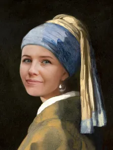 Женский портрет в образе известной картины "Девушка с жемчужной сережкой". На картине изображена молодая женщина в жёлто-зелёном платье с белым воротником, украшенная крупной жемчужной серёжкой; её волосы аккуратно убраны под голубой тюрбан с ниспадающей жёлтой полосой. Тёмный фон подчёркивает выразительность её взгляда и изысканность наряда, создавая атмосферу загадочности и утончённости. Художник Антонина