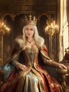 Женский портрет в образе. На картине изображена женщина в роскошном царском одеянии — длинном платье с золотой вышивкой в красных и голубых тонах, с меховой накидкой и изящным ожерельем. Она сидит на троне, увенчанная золотой короной с красными камнями, на фоне богато украшенного зала с канделябрами и резными панелями, излучая спокойствие и величие. Художник Анна