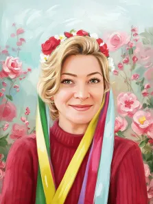Женский портрет в образе. На картине изображена улыбающаяся женщина с короткими светлыми волосами, в красном свитере, с венком из красных и белых цветов на голове и разноцветными лентами, ниспадающими на плечи. Фон украшен пышными розовыми цветами, создающими нежную и жизнерадостную атмосферу. Художник Анастасия