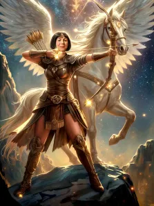Женский портрет в стиле фэнтези. На картине изображена воительница в доспехах с луком и стрелами, стоящая на скале в уверенной позе, словно готовая к бою. За её спиной возвышается величественный крылатый белый конь, а фон наполнен звёздным сиянием и мерцающими огоньками, создавая атмосферу эпического фэнтези. Художник Антонина