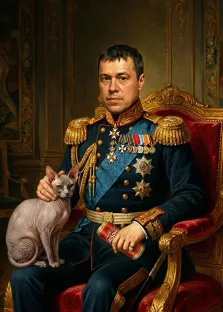 Мужской портрет в образе генерала. На картине изображён мужчина в парадном военном мундире с орденами и медалями, сидящий на роскошном троне с красной бархатной обивкой. На его коленях спокойно сидит бесшёрстный кот, а в руке мужчина держит банку с надписью «Krušovice», что придаёт классическому портрету ироничный и современный оттенок. Художник Анна