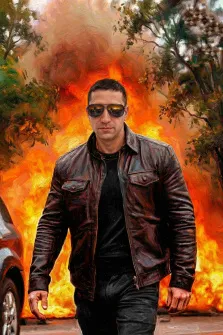 Мужской портрет в образе героя боевика. На картине изображён мужчина в чёрной кожаной куртке и тёмных очках, уверенно шагающий вперёд. На фоне бушует яркое пламя, окутывающее сцену огненно-красными и жёлтыми оттенками, а по краям видны зелёные ветви деревьев, создающие контраст с огнём. Художник Анна