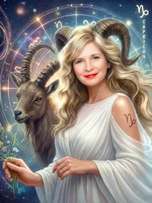 Женский портрет в образе. На портрете изображена женщина с длинными светлыми волосами в лёгком белом одеянии, держащая в руке небольшой букет полевых цветов; на её плече нарисован символ знака зодиака Козерог. Рядом с ней — реалистично изображённый козёл с большими рогами, а фон украшен астрологическими символами и звёздным небом, подчёркивая тематику знака Козерог. Художник: Ирина