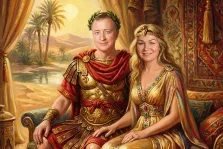 Парный портрет в образе. На портрете изображены мужчина и женщина в античных нарядах: мужчина в золотых доспехах с красным плащом и лавровым венком на голове, женщина — в роскошном золотом платье с драгоценными камнями и диадемой. Они сидят рядом на богато украшенном троне на фоне экзотического пейзажа с пальмами, рекой и закатным солнцем, создавая образ царственной пары из древней эпохи. Художник: Ирина