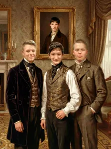 Семейный портрет в образе. На портрете изображены трое молодых мужчин в одежде викторианской эпохи: слева — в бархатном тёмном сюртуке с жилетом, в центре — в узорчатом жилете поверх белой рубашки с рюшами, справа — в твидовом костюме с галстуком-бабочкой. На заднем плане — роскошный интерьер с камином, позолоченной рамой, в которой висит ещё один портрет молодого человека, и тяжёлыми шторами. Художник: Ирина
